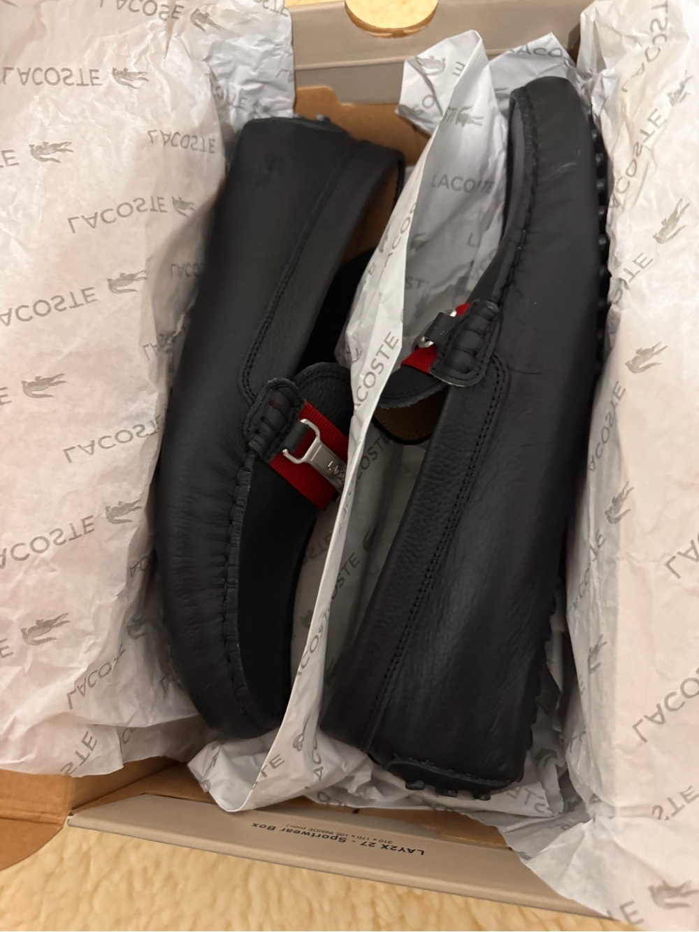Lacoste Black Leather Slip-On Loafers with Red Webbing and Silver Hardware - Picture 5 of 5